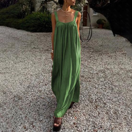 Women Summer Dress Sleeveless Spaghetti Strap Pleated Maxi Dress Beach Vacation Loose Flowy Sundress