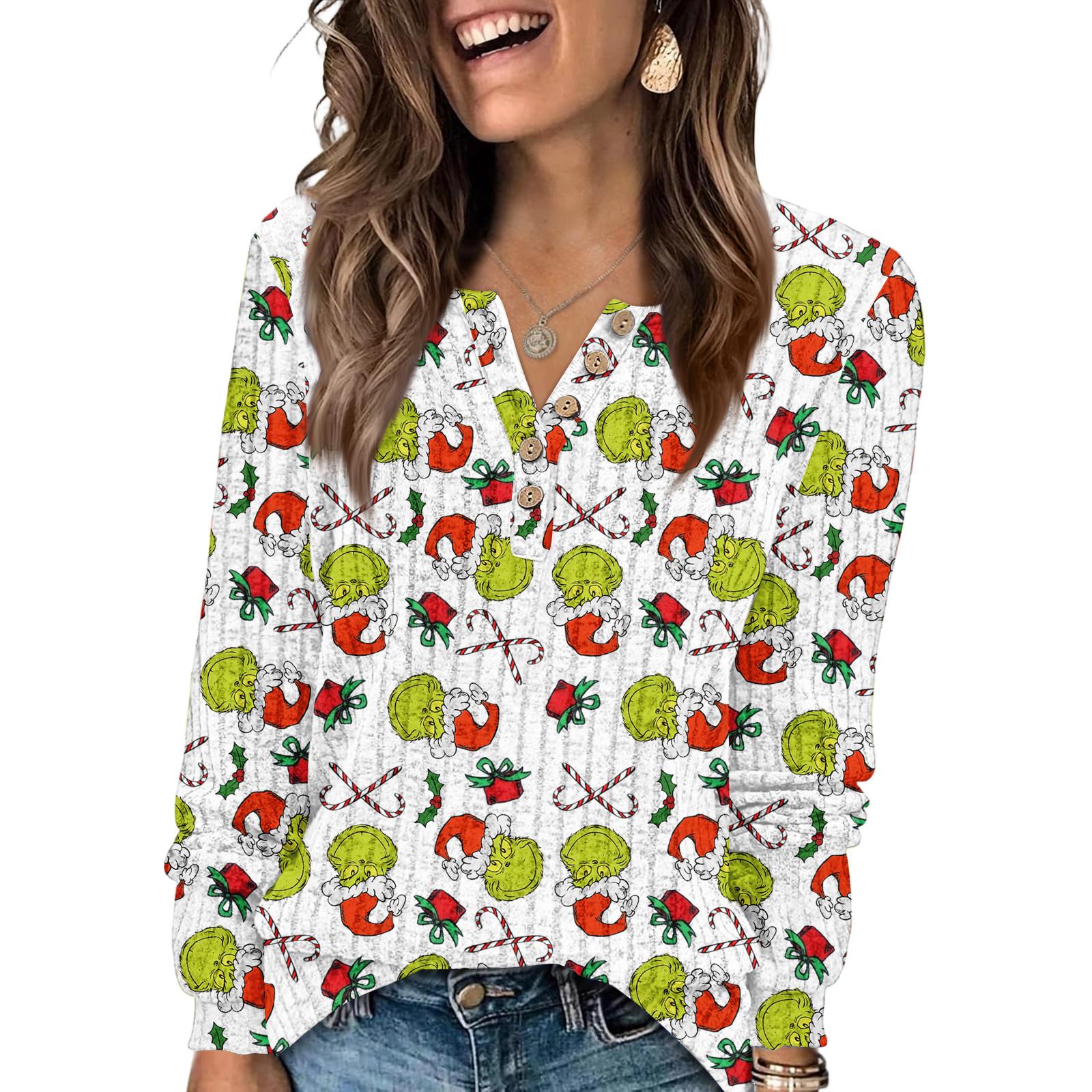 

Women s Fashion V-Neck Button-Up T-Shirt With Christmas Print Long-Sleeved Top M белый