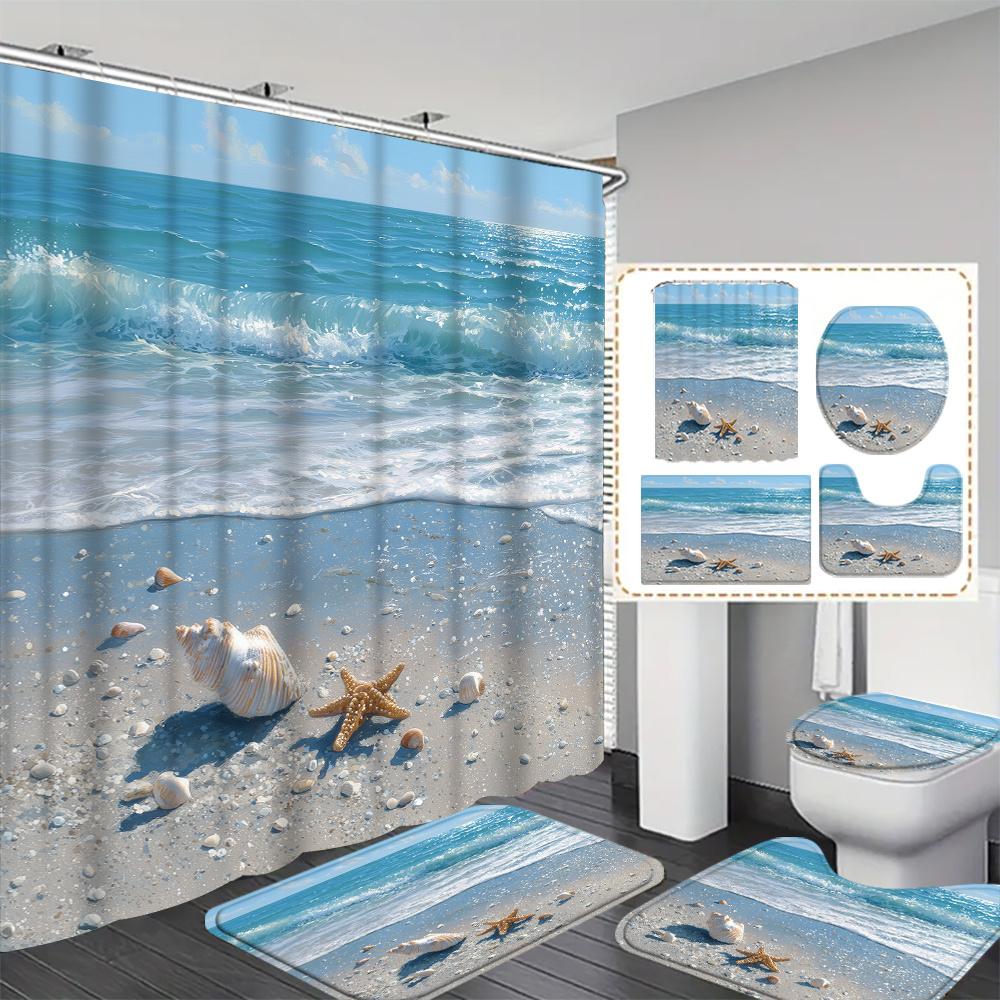 4Pcs Ocean Shell Starfish Shower Curtain Set with Non-Slip Bath Mat, Toilet Lid Cover, Contour Rug & 12 Hooks, Bathroom Decor