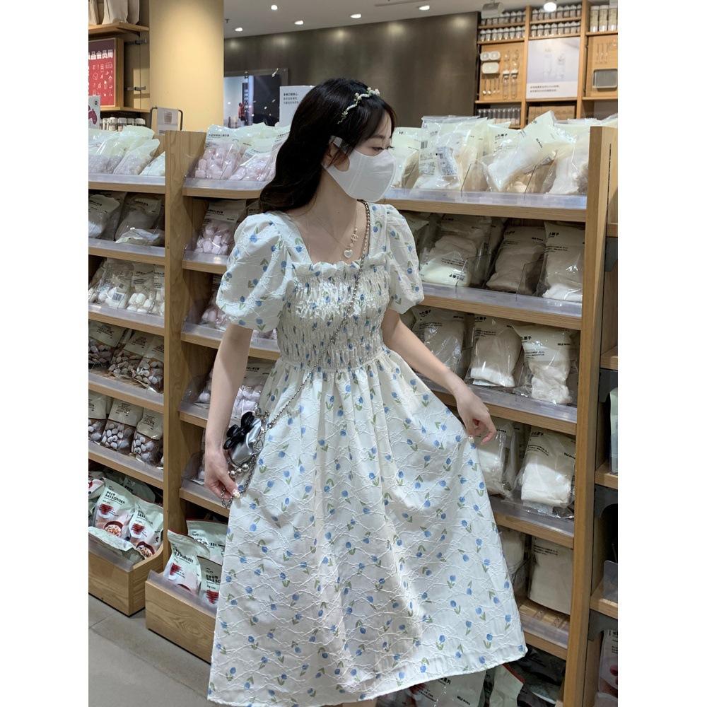 Large Size Square Neck Floral Skirt Micro Summer Sweet Wind Niche Temperament Thin Bubble Sleeve Jumpsuit Medium and Long Skirt