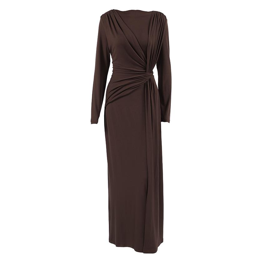 European and American Brown Round Neck Knitted Dress Women's Autumn Design Sense Inside with Hip Skirt Long Dress Women's Clothing