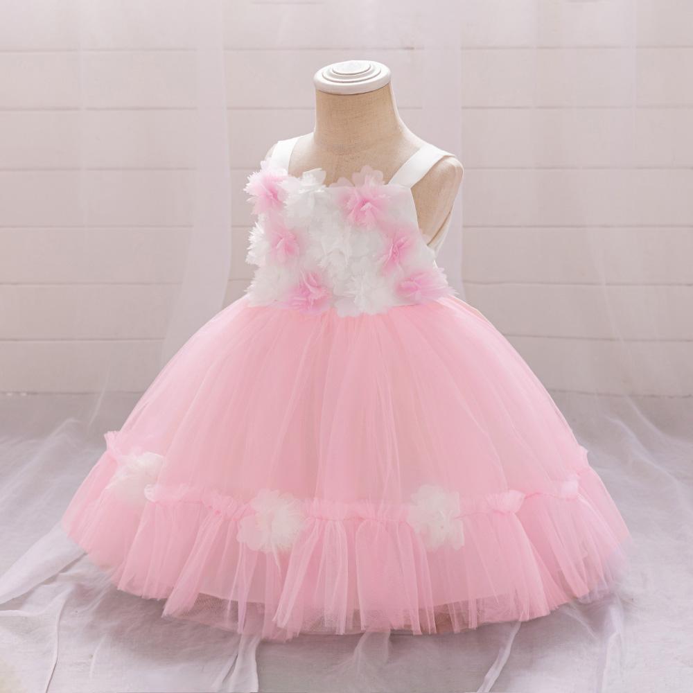 Baby Pink Flower Girl Dresses Toddler Tulle 1st Birthday Party Wedding Gown Bow Bridemaid Princess Prom Dress for Girls Costumes