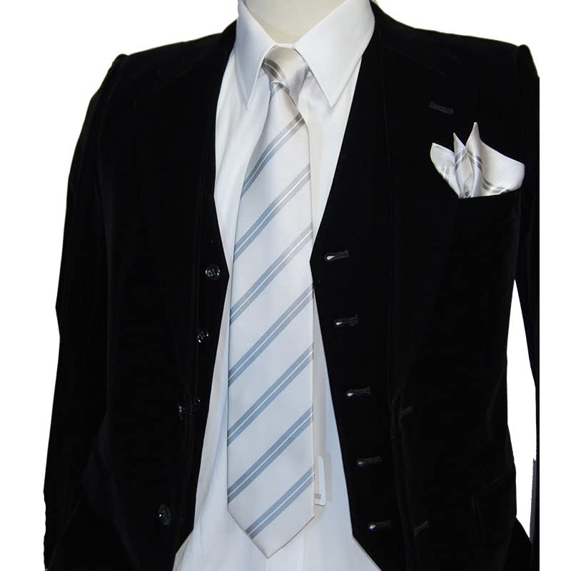 Formal Tie Pocket Square Set by MICHIKO Made in Silk Silver S1 for Weddings & LONDON, Japan, Tie, Stripe,