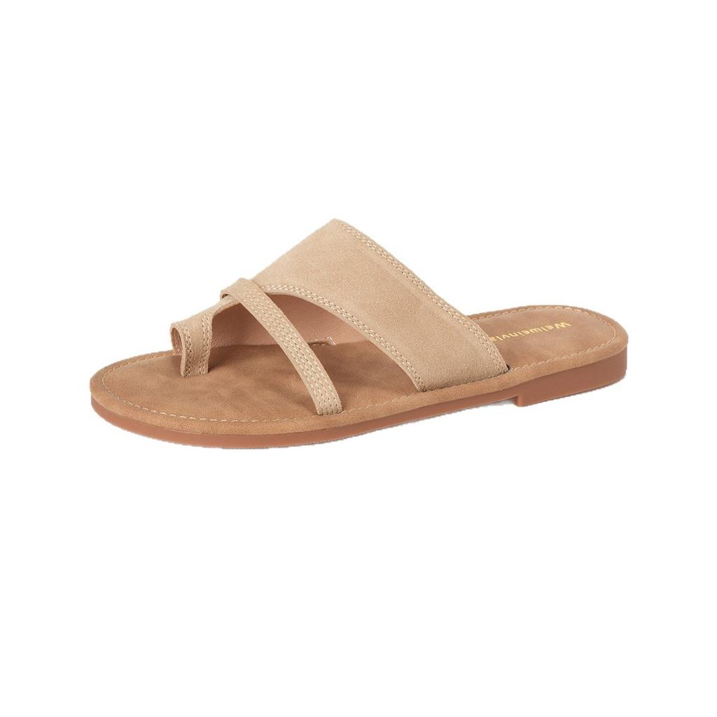 Wearing Round Head Resort Beach Casual Versatile Flip-flops French Temperament Pinch Foot Belt Buckle Flat Bottom Cool Slippers Women