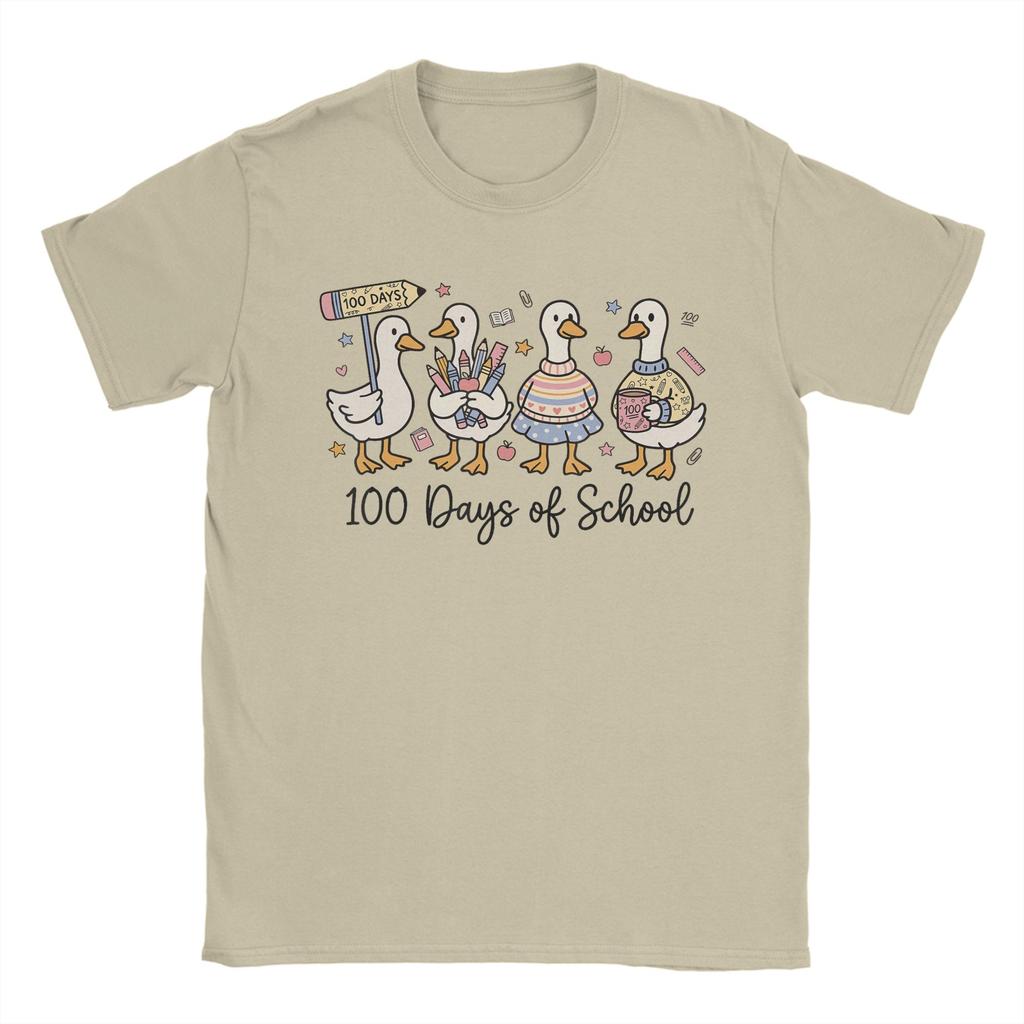 Vintage 100 Days of School Ducks Cute Goose Teacher 100th Day TShirts Unisex Round Collar Pure Cotton T Shirts Short Sleeve