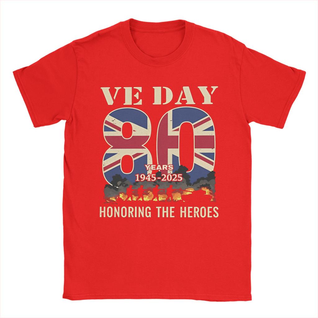 Leisure Ve Day 80th Anniversary 2025 WWII Fire T-Shirt Men Crew Neck 100% Cotton T Shirts UK Flag Short Sleeve Tee Adult Clothes