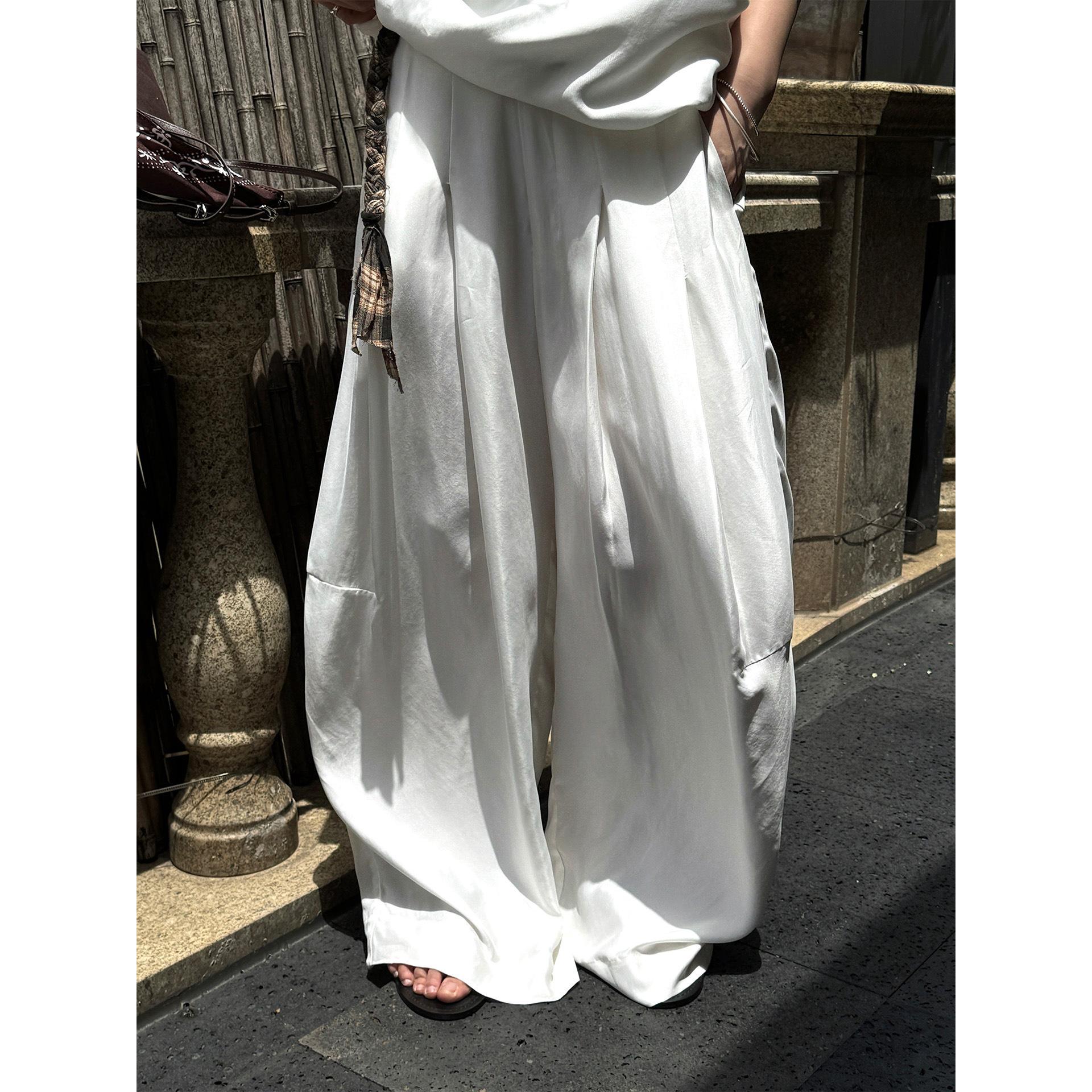 

Johnature Fashionable Pleated Wide-leg Trousers For Summer Drape Comfortable Loose Casual Trousers For Women L белый