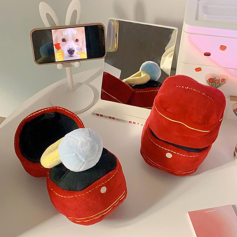 Diamond Ring and Box Case Plush Toy Creative Stuffed Pet Chew Toy for Dog Engagement Wedding Oversized Ring Funny Gifts Red Pink