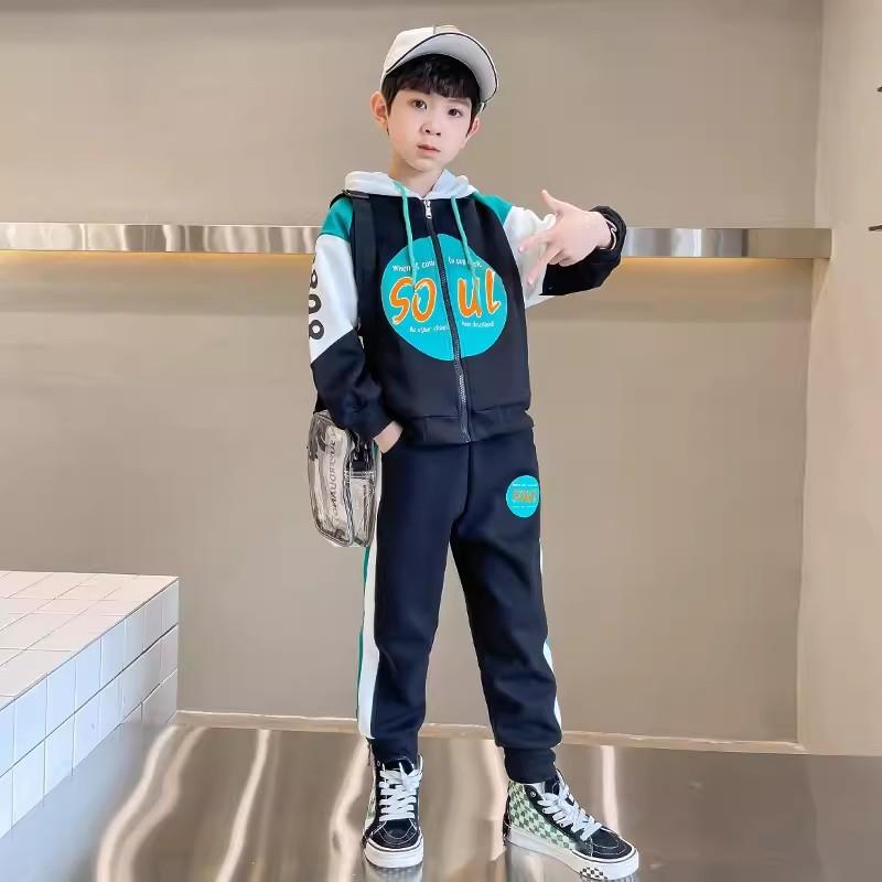 Boys Spring Fashion Letter Print Hooded Baseball Jacket Trousers Two-piece Set
