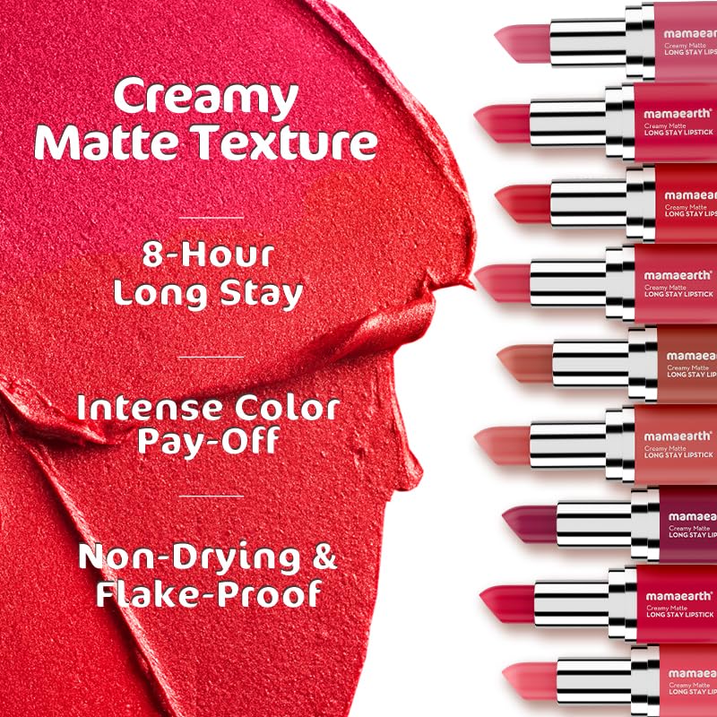 Mamaearth Creamy Matte Long Stay Lipstick 4.2g Rosewood Pink Non-Drying Flakeproof Intense Color Payoff