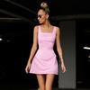 Fashion Matte Satin Pink Vest Skirt Women's Summer New Waist Square Collar A-shaped Dress Women's Clothing