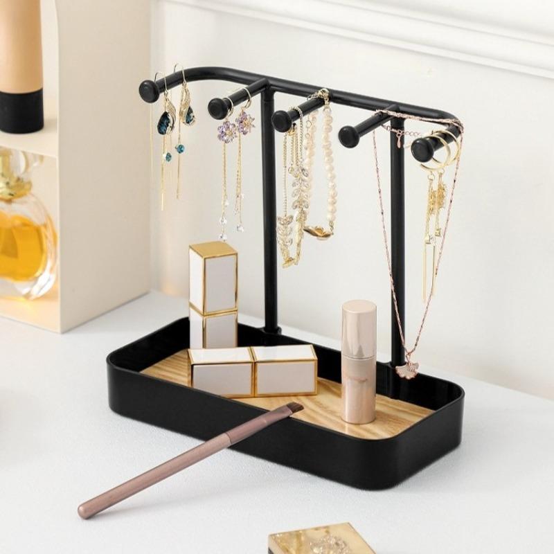 Jewelry Organizer Stand for Necklace Earring Bracelet, Makeup Table Accessories Holder with Wood Tray, Desktop Storage Rack
