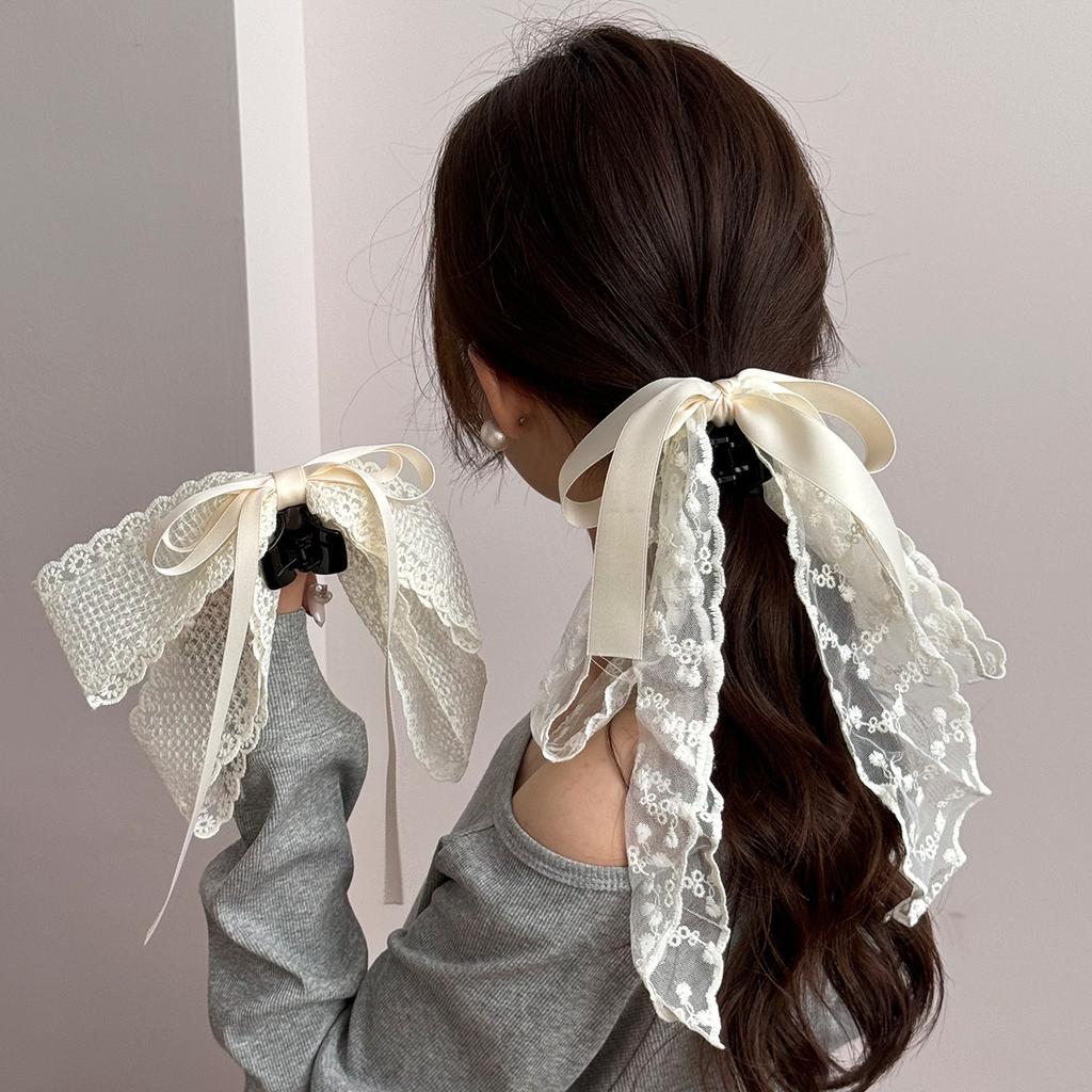 1pc French lace bow tie ribbon hair clip for women, summer half-updo, back of the head, pin curl hair clip.