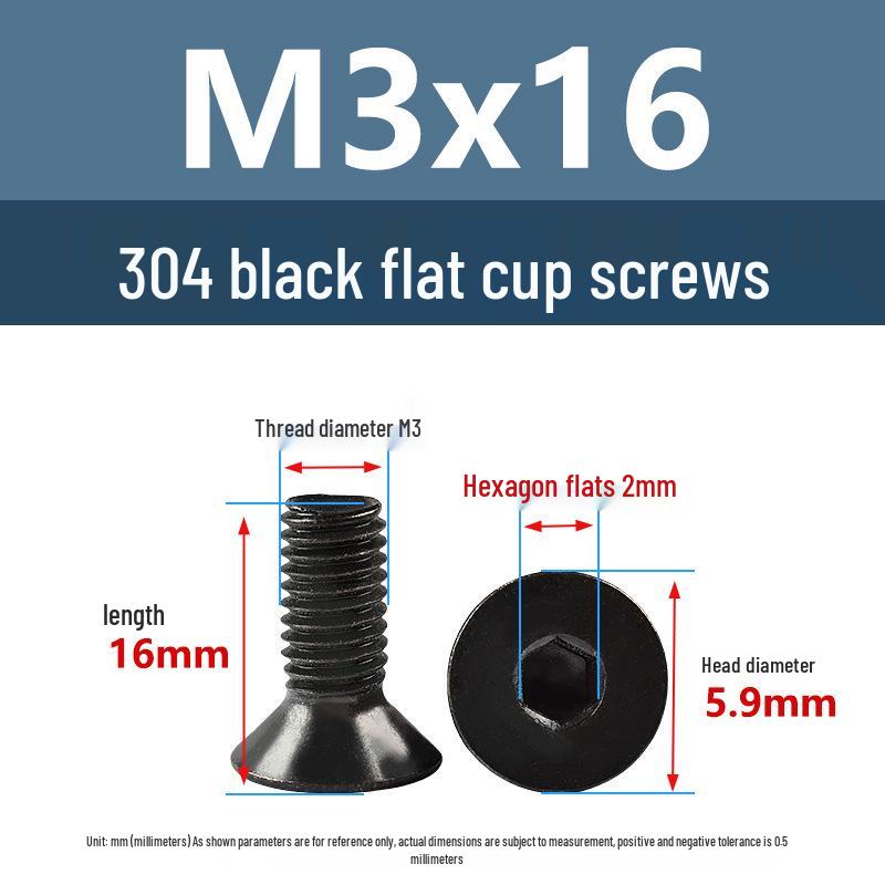 Yigu Black 304 Stainless Steel Extended Flat Head Hex Socket Screws (M2, M3, M4)