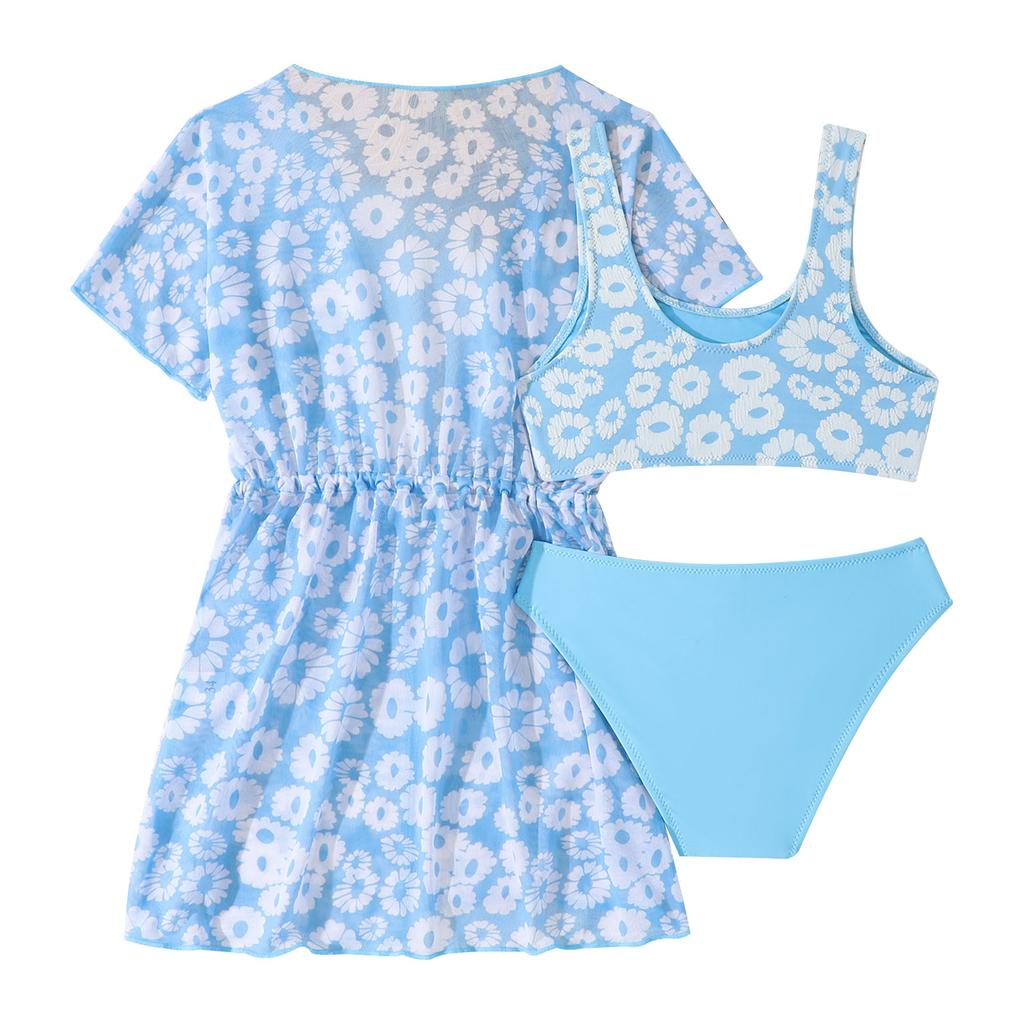 Mädchen 3-teiliger Rash Guard Badeanzug Tankini Oberteile Coverup Strandbekleidung Blumendruck Badeanzug Sonnenschutz Kleid Sommerurlaubsset