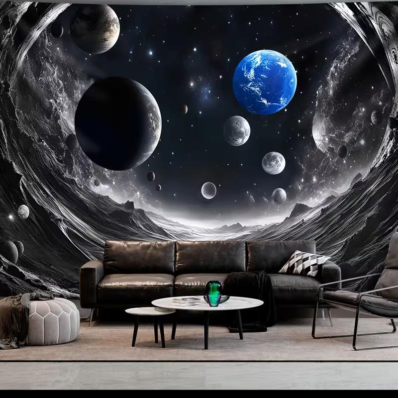 Futuristic Space Backdrop with a Wormhole-Like Frame, Planets and Starry Night Sky 47.2x31.5inch/120*80cm