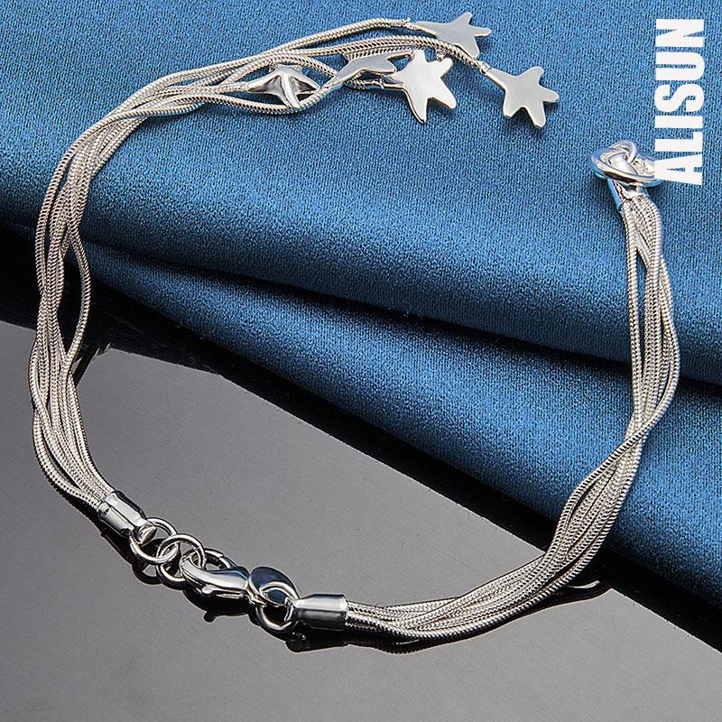 925 Sterling Silver Five Solid Starfish Chain Bracelet Fashionable Wedding Jewelry