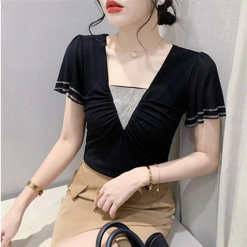 New Summer Women Tops Sexy V-Neck High Stretch Slim T-shirts Female Short Sleeve Mesh Hot Diamonds Tees All Match Casual Blusas