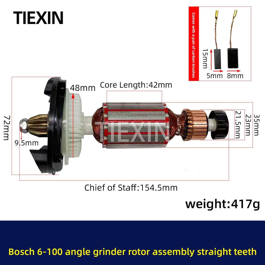 Bosch 6-100 Winkelschleifer Rotor mit Lagern, Kohlebürsten & Zahnrädern - Schnelle Reparatur für Modelle mit geradlinigen Zähnen