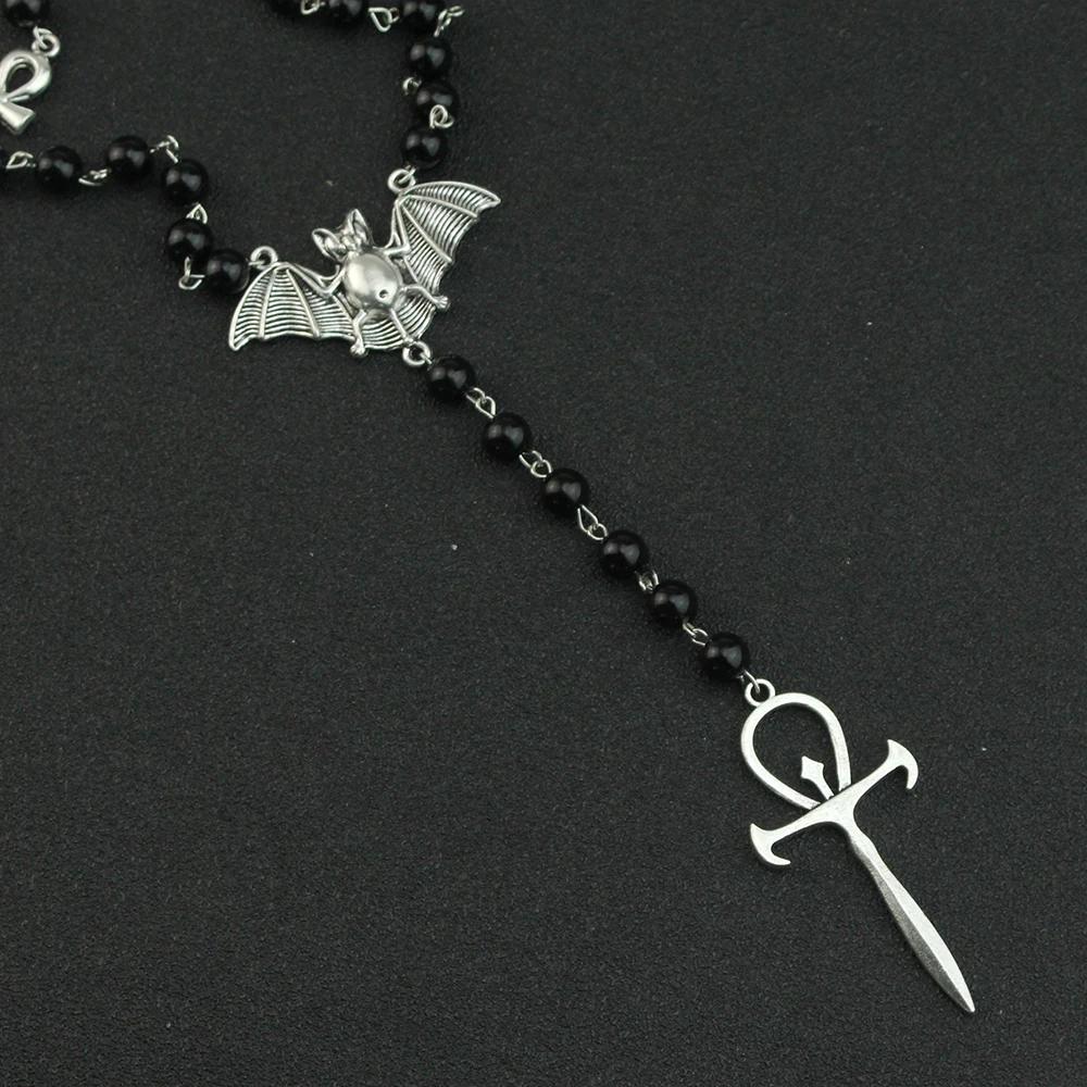 Gothic Bat Cross Rosary Necklace for Women Fashion Mystery Witch Jewelry Accessories Gift Silver Color Bat Charm Vampire Choker