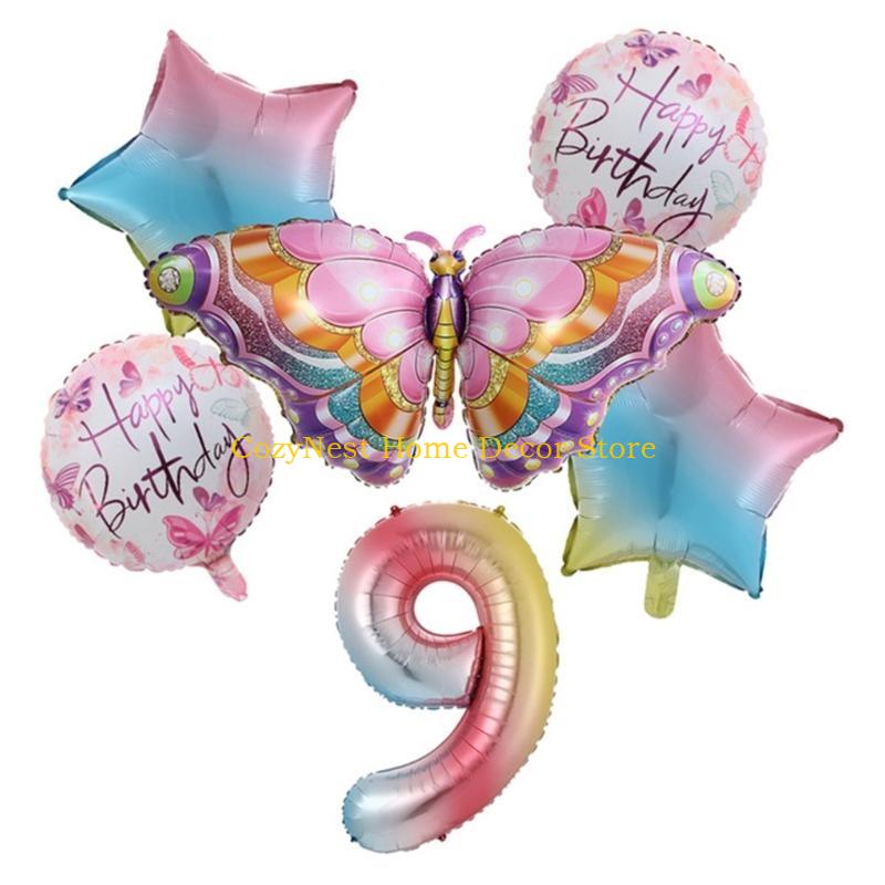 92MF Colorful Butterfly Balloon Set of 6 Aluminum Foil Number Balloon Happy-Birthday Decorations Baby Shower Party Supplies