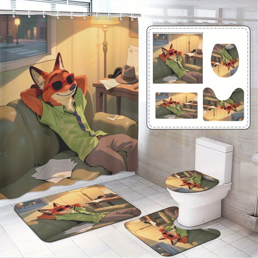 4pcs Official Disney Zootopia Bathroom Collection: Waterproof Shower Curtain with All Characters, 4-Piece Set