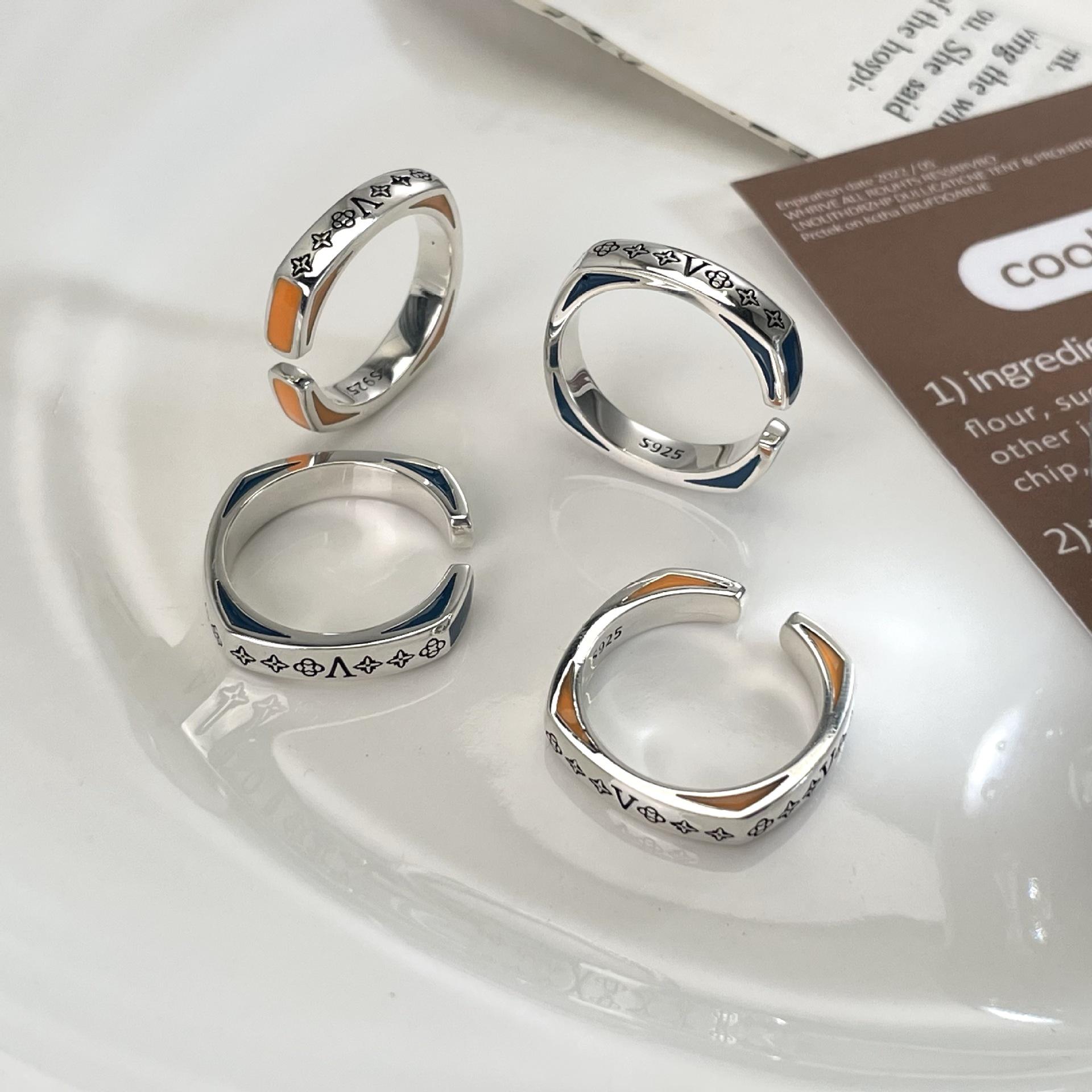 

S925 Sterling Silver Vintage Colorful Enamel Open Square Ring for Women Adjustable оранжевый