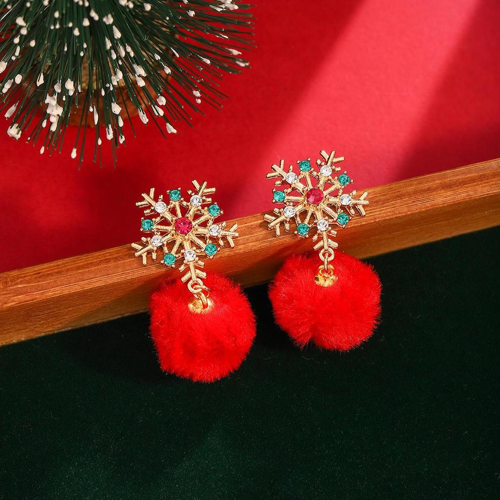 Festliche Schneeflocken-Ohrringe mit eingelegten Diamanten & Pompon-Anhänger