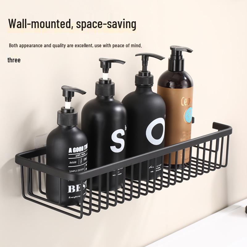 Punch-Free Wall-Mounted Black Bathroom Storage Shelf for Cosmetics