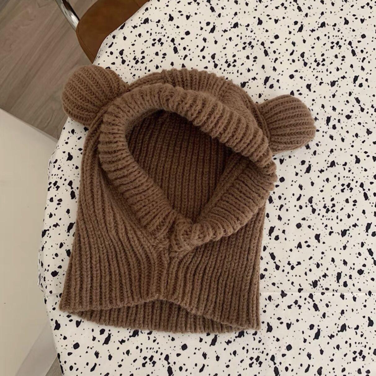 

Cute Bear Ears Woolen Hat for Women in Autumn and Winter Plus Velvet and Thickening To Prevent Cold and Warm Neck Protection and Hood One Piece Hat One Size