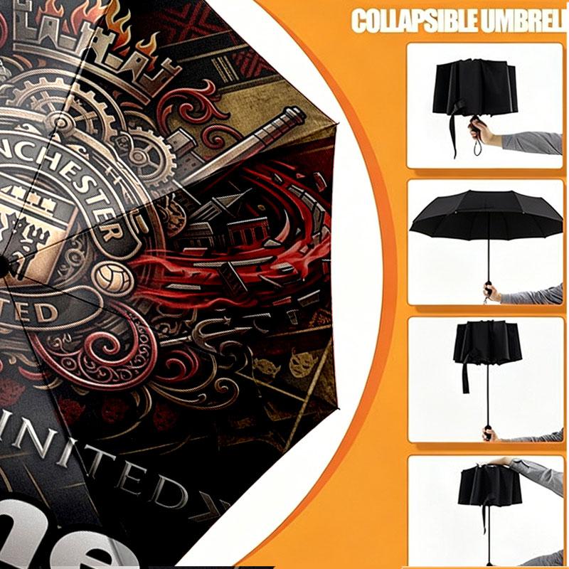 Custom Name Personalized Manchester United Print Umbrella, Auto Open Close, 8‑Rib Sturdy Frame, Commute Camping Hiking Use, Birthday Gift