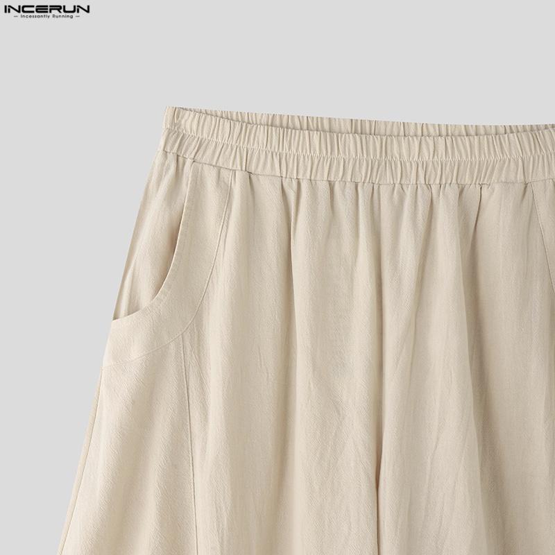 INCERUN Men Elastic Waist Cotton Linen Casual Solid Color Drop-crotch Pants Lantern Trousers