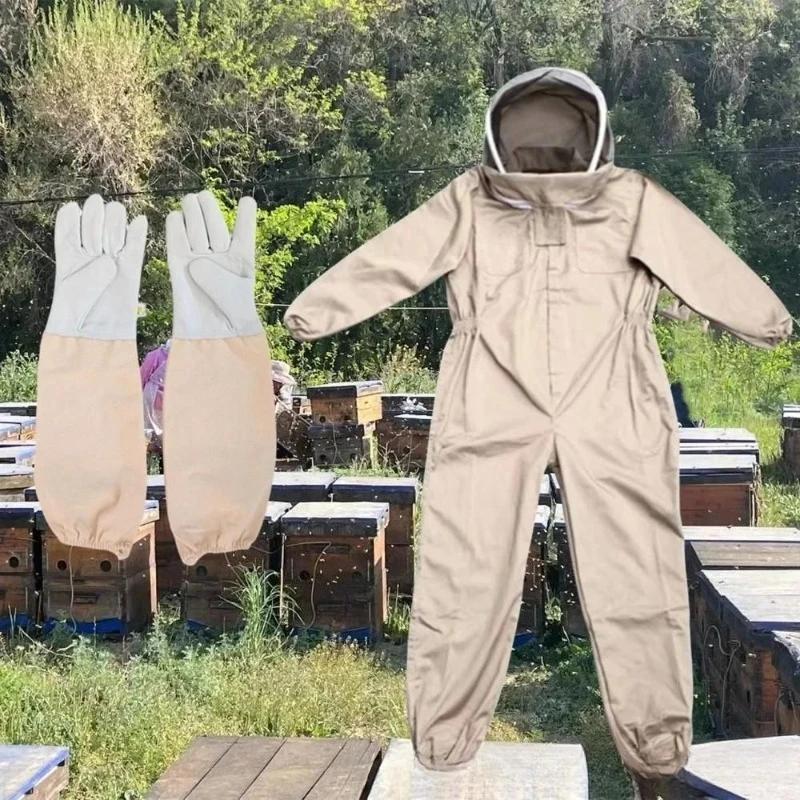 Bijenhouderpak Koffie Abrikoos Kleur, Verdikt Anti-Steek en Schapenvacht Handschoenen Volledige Lichaamsbescherming Bijenhouderij Uitrusting voor Bijenhouders