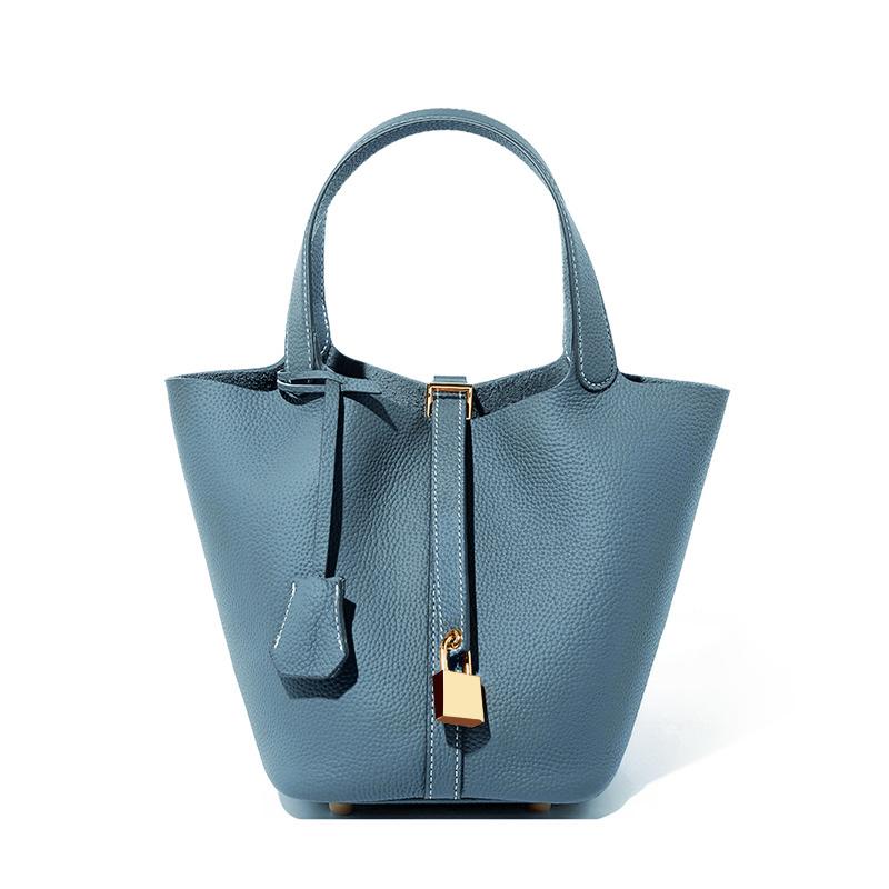 

Women s Shoulder Bucket Bag Genuine Leather Litchi Pattern Mini Basket Tote Soft Handbag Mommy Bride Wedding Bags With Lock синий