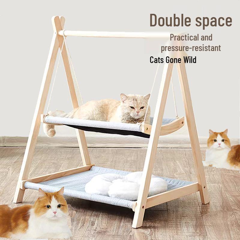 Solid Wood Hammock Bed for Small Pets - Elevated, Removable, and Washable. Perfect for Dogs, Cats, and Rabbits. Suitable for all Seasons.