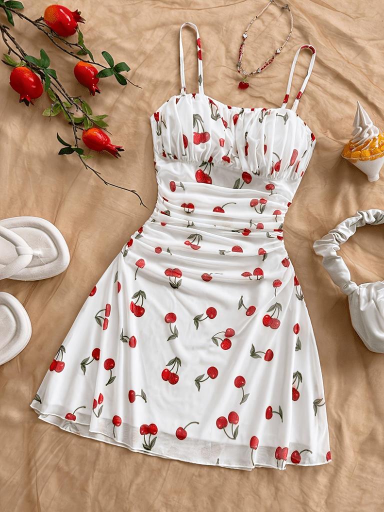 2025 Spring/Summer Floral Print Spaghetti Strap Dress: Waist-Cinching, Sexy Vacation Style for Women
