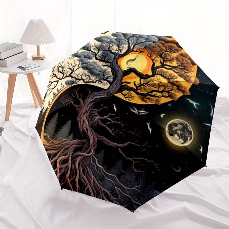 Drzewo Życia Yin Yang Faza Księżyca Plakat do Druku na Ścianę Parasol, Przenośny Kompaktowy Parasol Składany na 3 Części dla Mężczyzn i Kobiet,S96