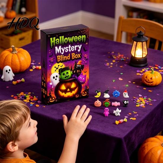 Soft Rubber Stress Relief Toy Halloween Squeeze Advent Calendar, 24 Day Ghost Pumpkin Fidget Desk Ornament Toys Set, Collectible Figures Gift Box for