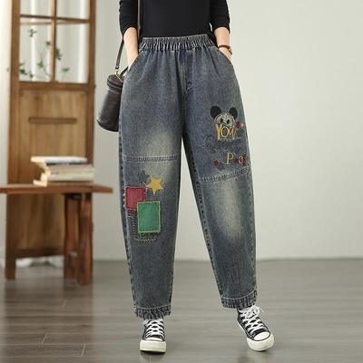 Plus Size Vintage Embroidery High Waist Casual Loose Women Spring Summer Autumn Jeans Denim Harem Pants