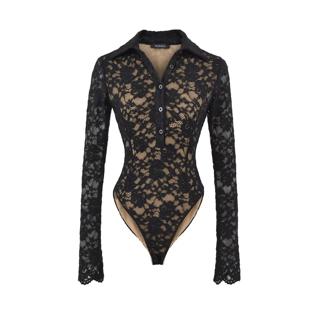 European Fashion Crochet Lace Lapel Bodysuit