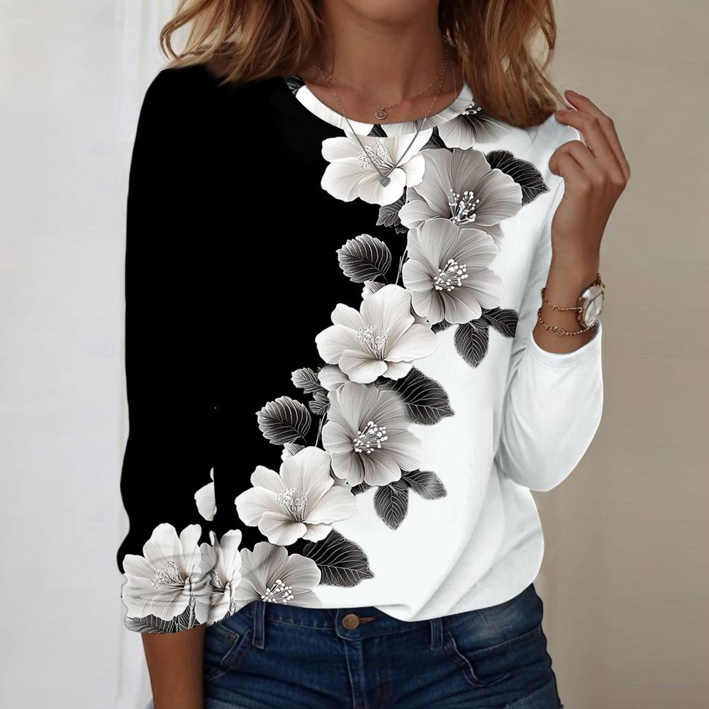 

Женская Модная Повседневная Блузка с Длинным Рукавом и Круглым Вырезом, с Цветочным Графическим Принтом, Базового Дизайна, Свободный и Удобный Пуловер 3XL