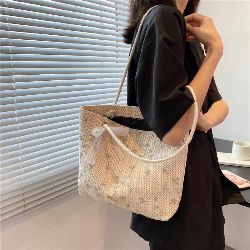 Summer Minimalist Straw Woven Shoulder Tote with Bow Detail - Trendy Chic Handwoven Handbag for Beach & Daily