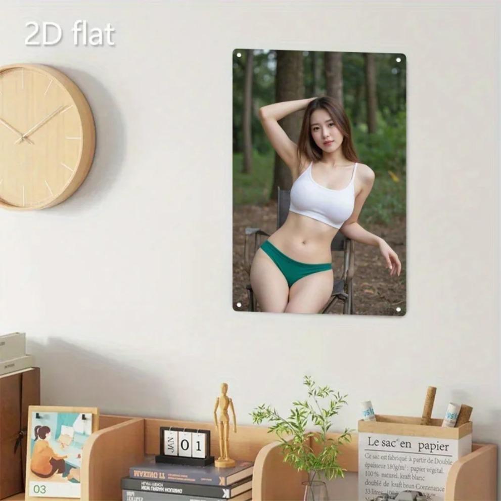 Hisun Tin Sign HD Metal Tin Sign Stunning Asian Beauty In White Crop Top Green Bikini Bottom Forest Vintage Wall Art D Flat Retro Iron Paint
