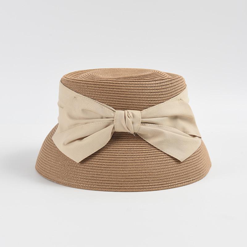 Men Women Chic Crochet Bucket Hat Bowknot Straw Fedoras Toyo Pork Pie Sun Hat Summer Beach Hat Wedding Church Hat UPF50 Foldable коричневый