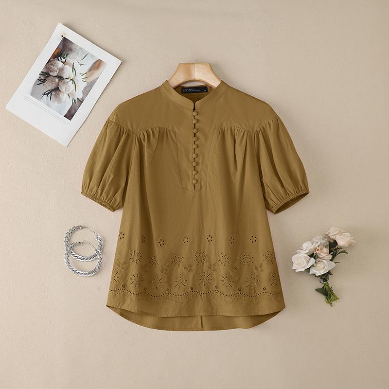 

ZANZEA Women Casual Round Neck Short Sleeve Loose Patchwork Crochet Blouse 5XL коричневий