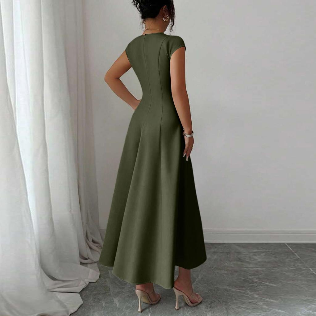 Women's Solid Color Square Neck Slim Fit A-Line Dress Cap Sleeve Midi Length Casual Dress for Daily Wear