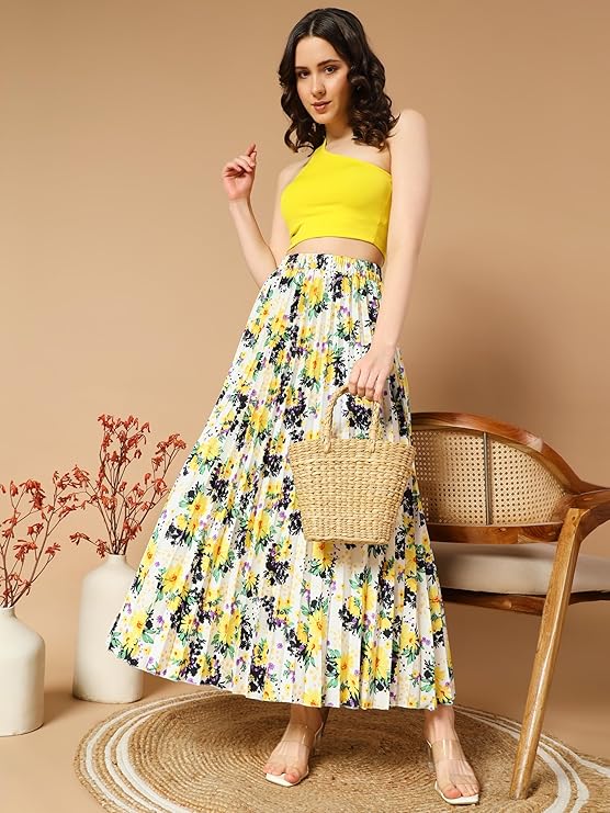 Women's Floral Printed Polyester, Crepe Comfortable Maxi Skirt
