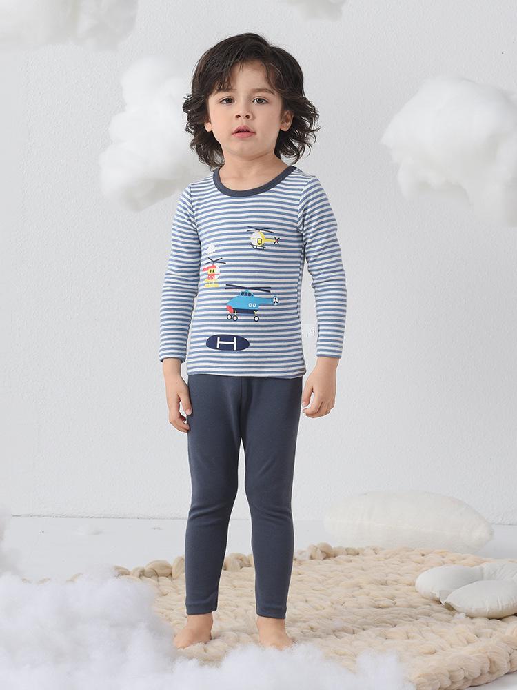 Dziecięcy Gruby Bawełniany Flanelowy Zestaw Piżamowy: Ciepła Jesienna Warstwa Bazowa z Okrągłym Dekoltem dla Chłopców