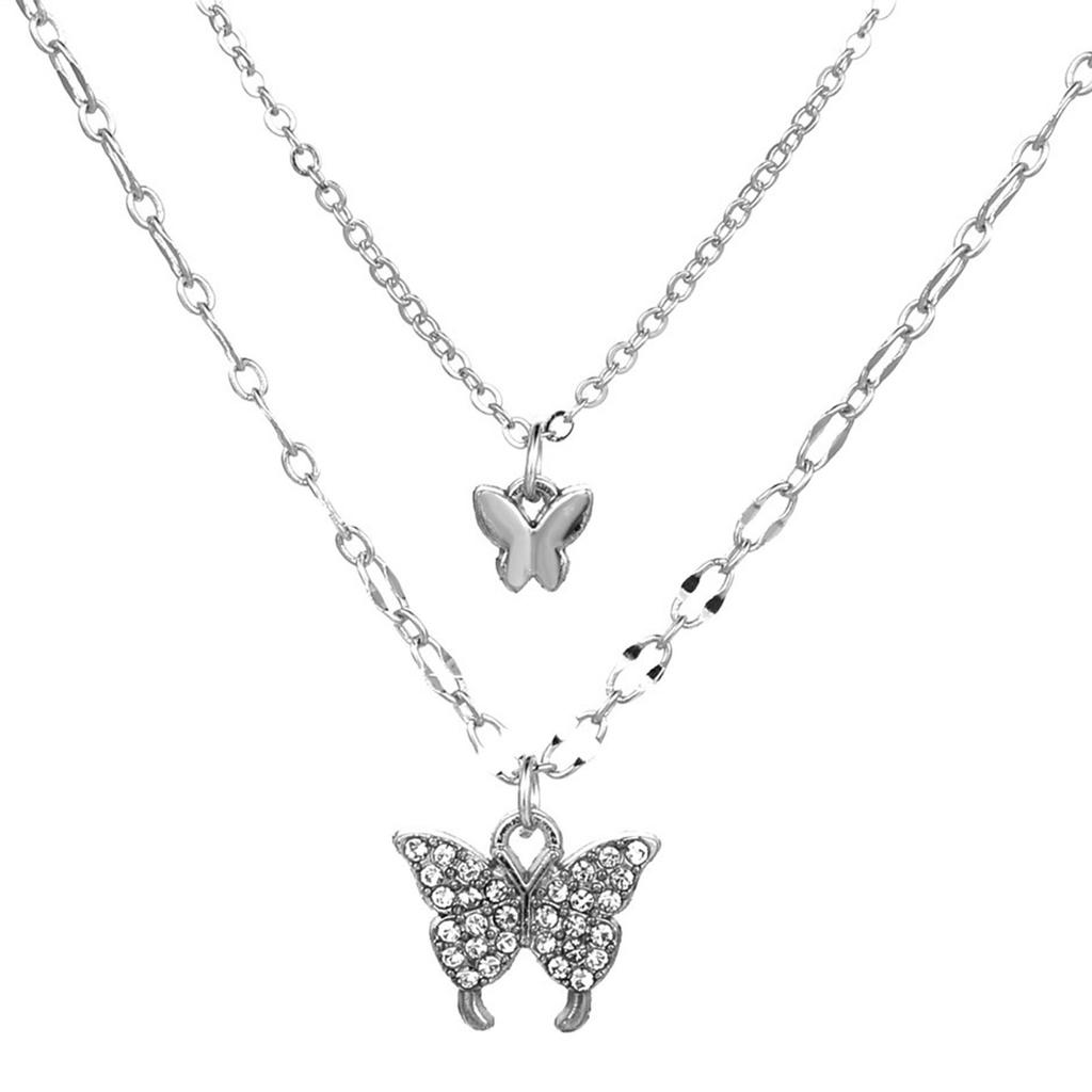 Vintage Layered Crystal Butterfly Necklace Stylish Minimalist Design Pendant Necklaces Gift for Women Teen Girls Girlfriend