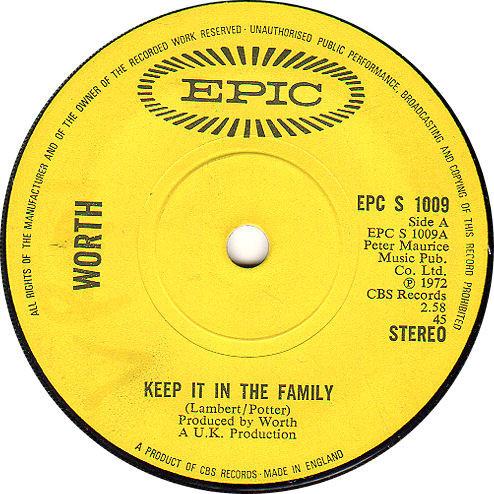 7inch Record WORTH (2) - Keep It In The Family EPCS1009 Epic 1972 UK Rock Used